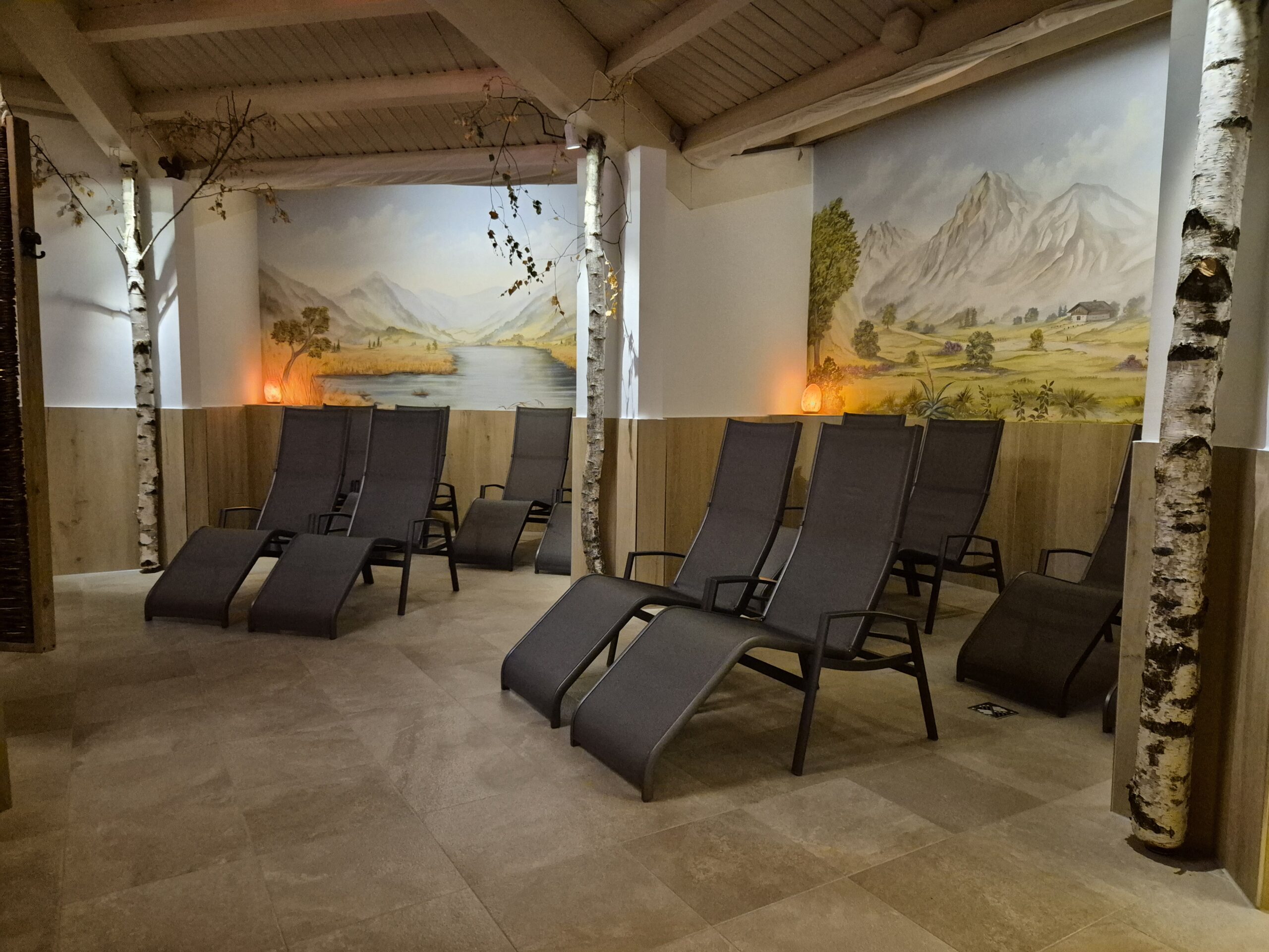 Neu gestaltete Damensauna „Wohlfühl-Alm“ im Palm Beach mit gemütlichen Liegen, Birkenstämmen, Alpenpanorama und entspannter Atmosphäre inklusive Baumdusche.