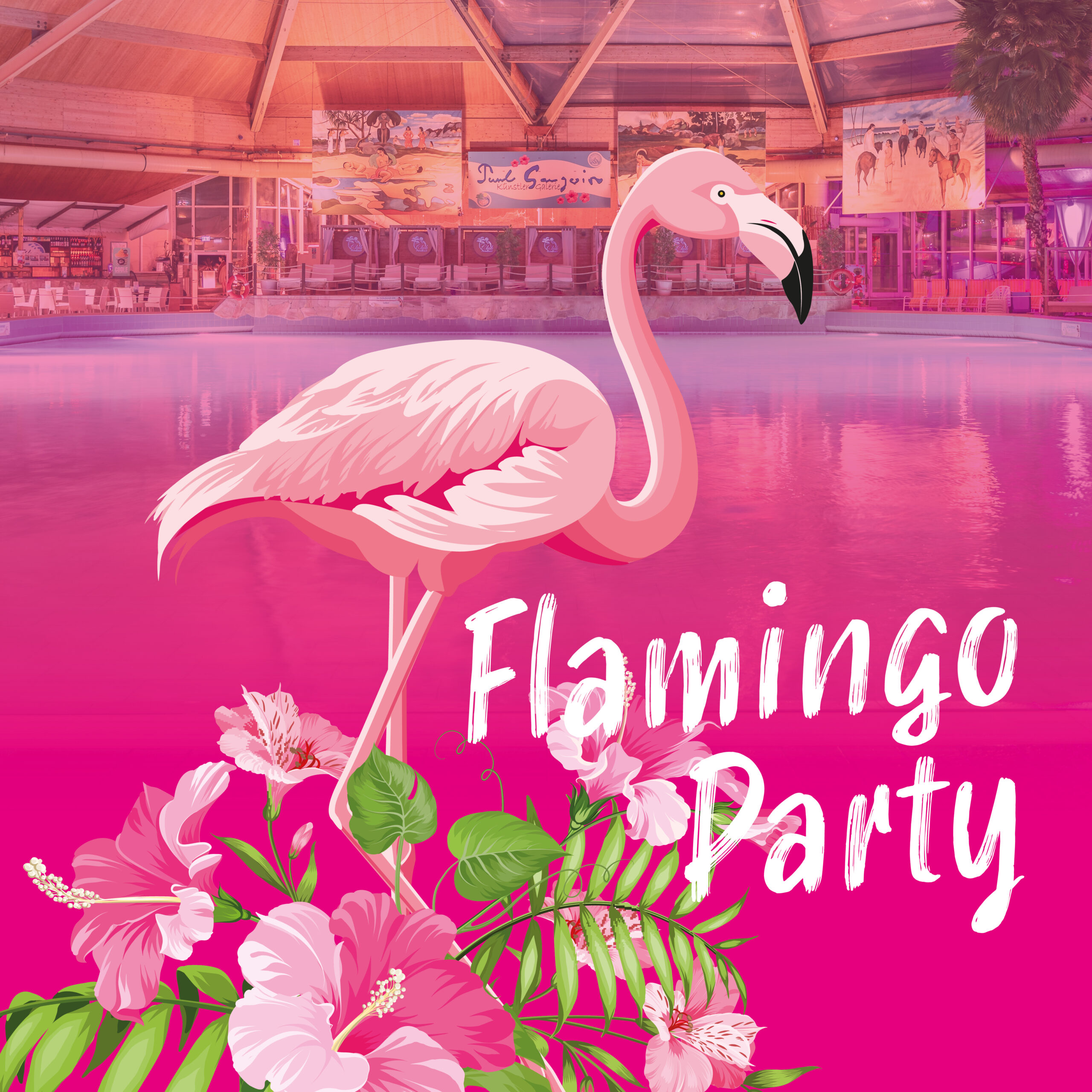 Rosa Flamingo im Vordergrund und Schwimmbad im Hintergrund