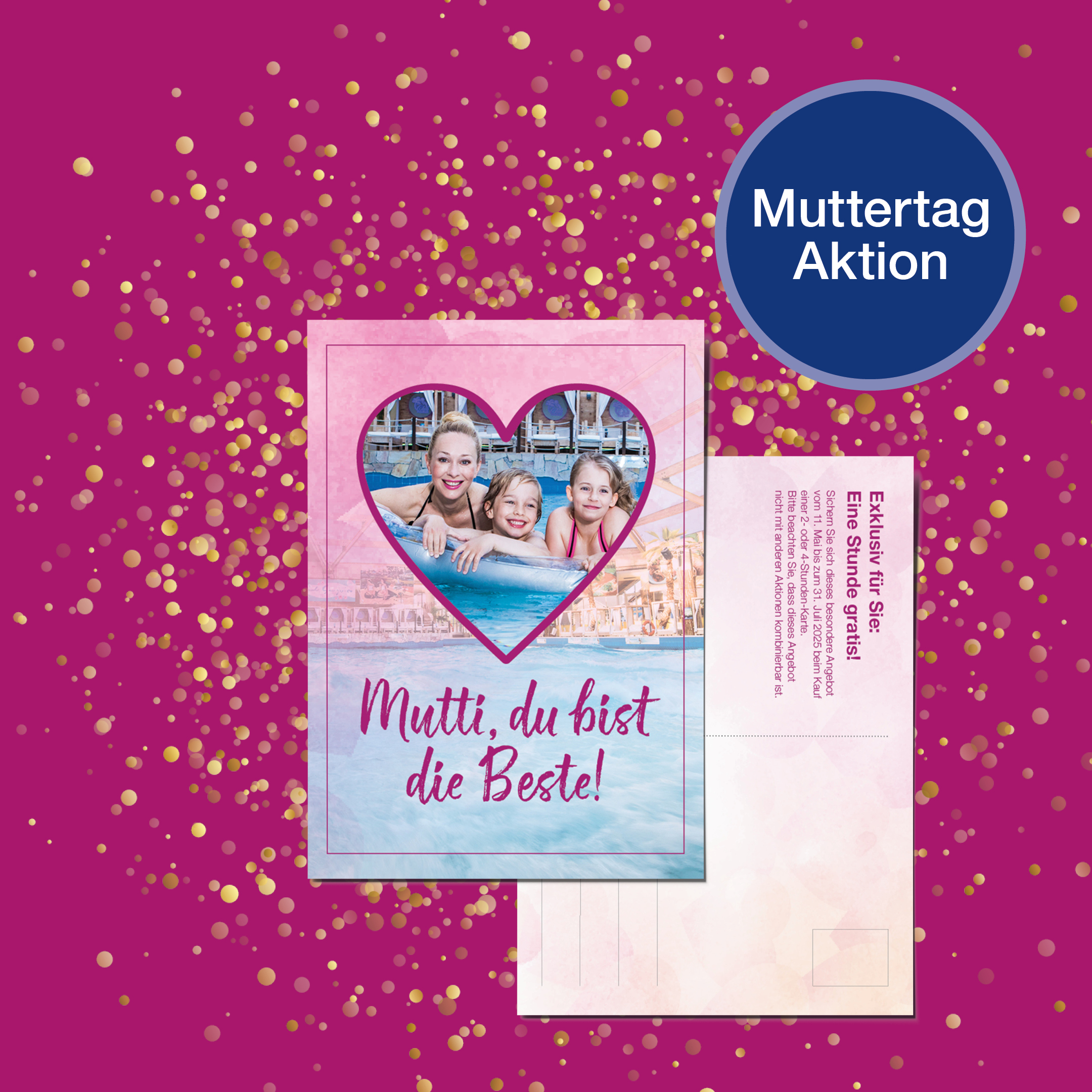 Pinke Muttertagskarte mit einem Bild von einer Mutter und zwei Kindern.