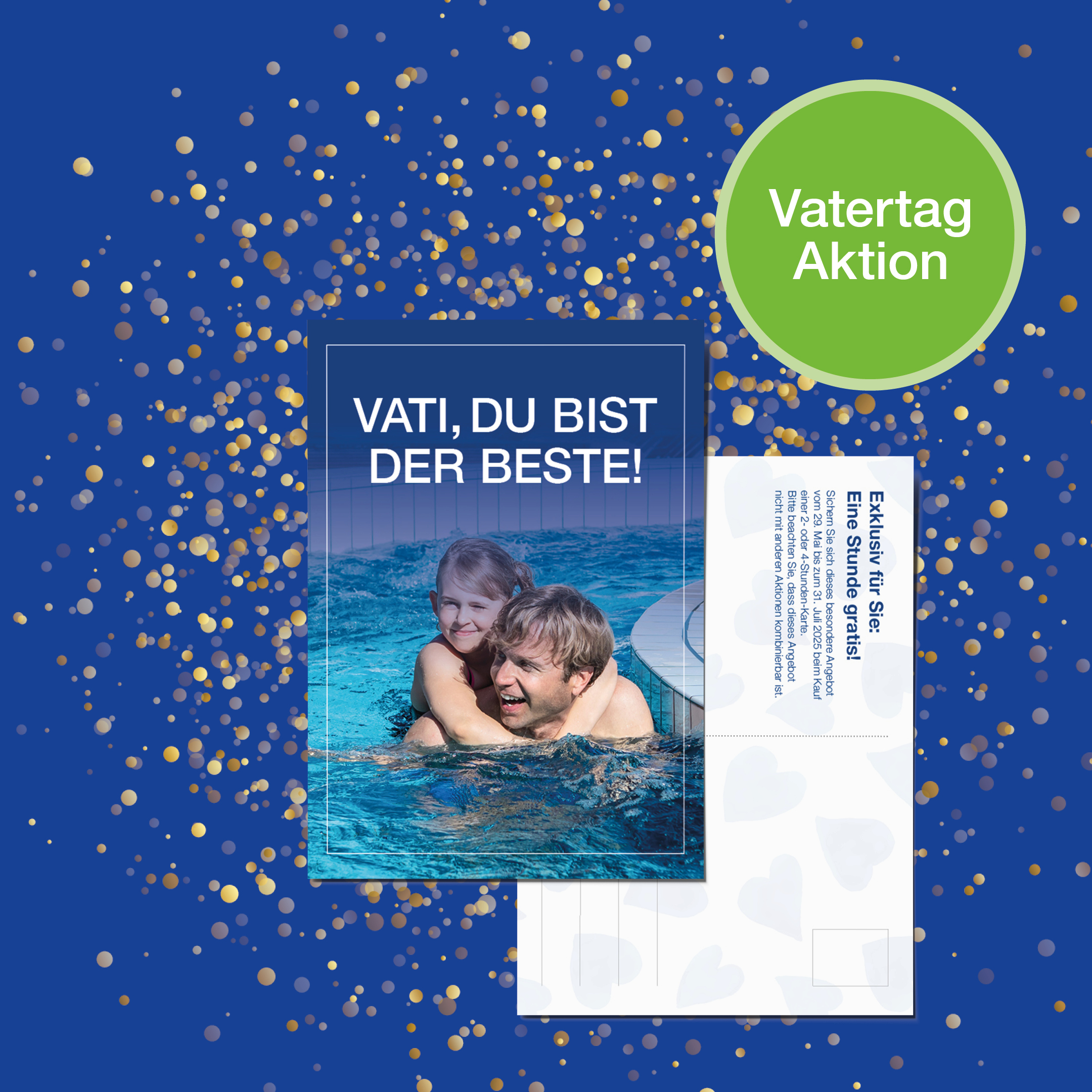 blaue Vatertagskarte mit einem Bild von einem Vater und seiner Tochter auf dem Rücken