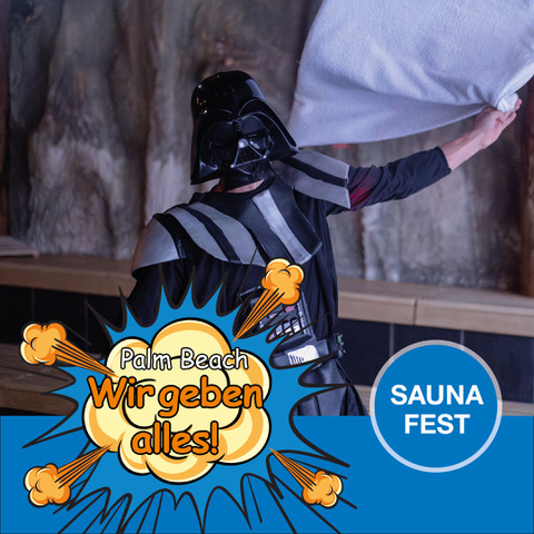 Saunameister im Kostüm bei Showaufguss während des Saunafests „Wir geben alles“ im Palm Beach mit Livemusik und Feuershow