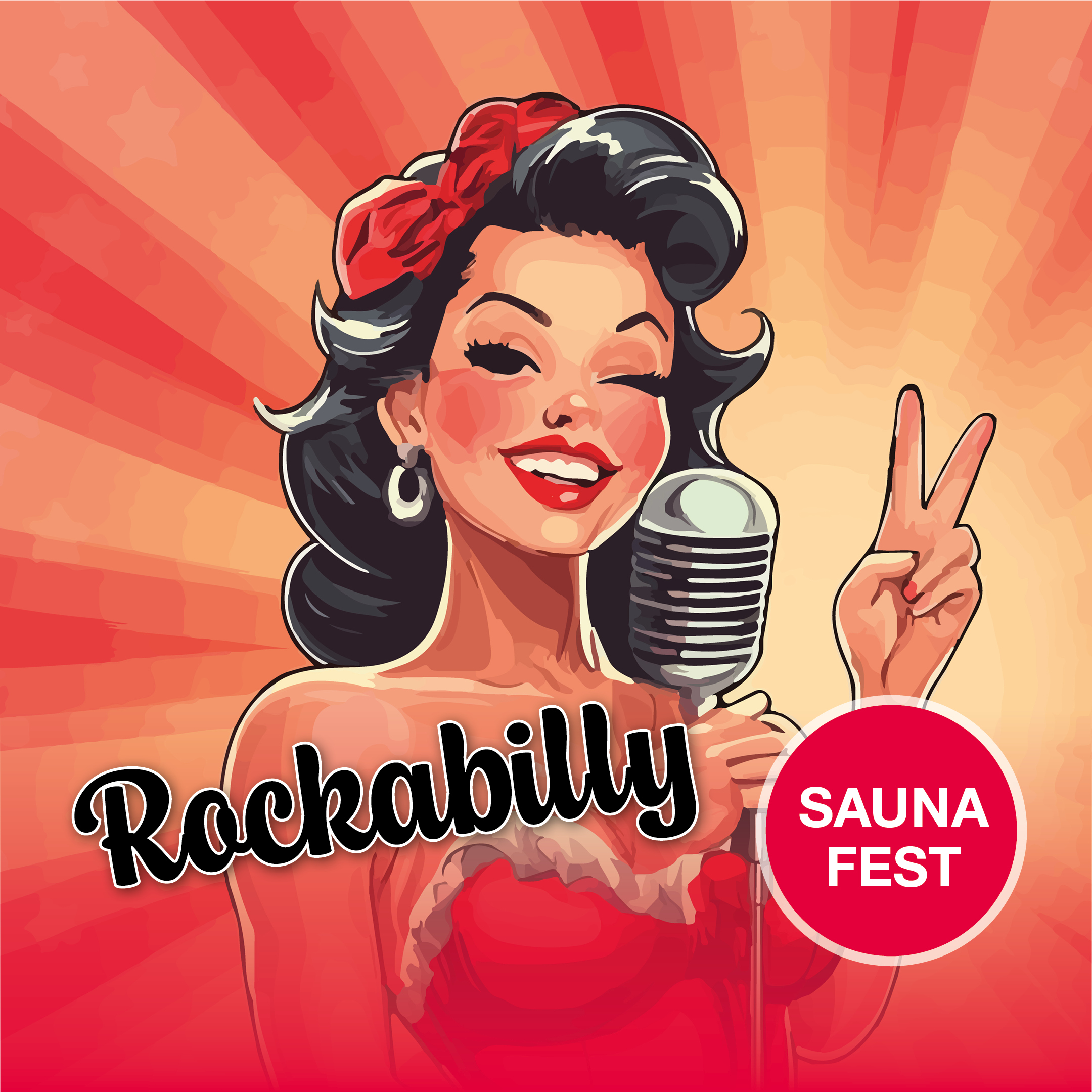 Illustration im Retro-60er-Jahre-Stil mit Sängerin am Mikrofon und dem Schriftzug „Rockabilly – Sauna Fest“. Beworben wird das Saunaevent am 4. Juli 2026 ab 16:00 Uhr im Palm Beach.
