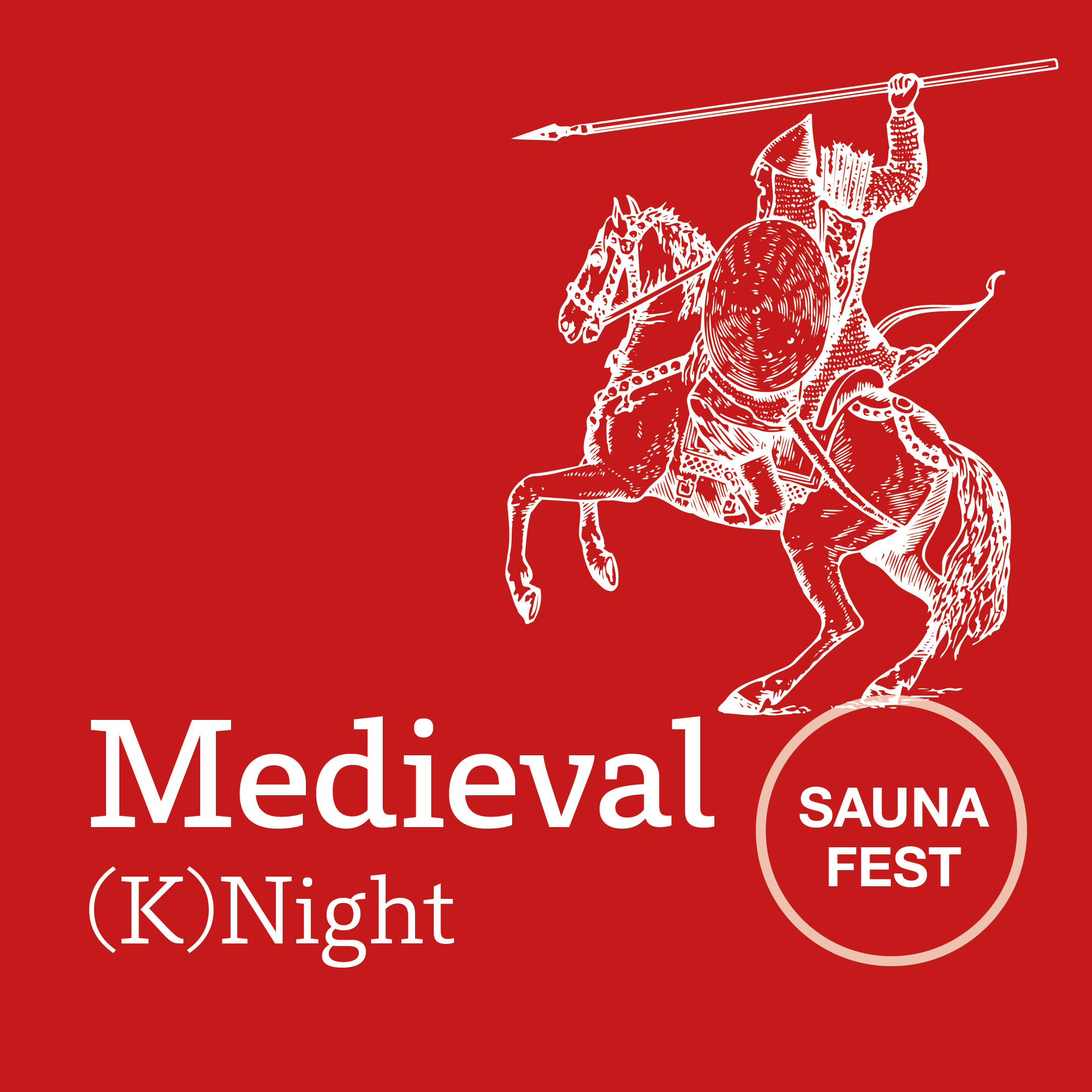 Grafik zum „Medieval (K)Night Sauna Fest“ im Palm Beach mit mittelalterlichem Ritter auf einem Pferd. Beworben wird das Saunaevent am 5. September 2026 ab 16:00 Uhr.