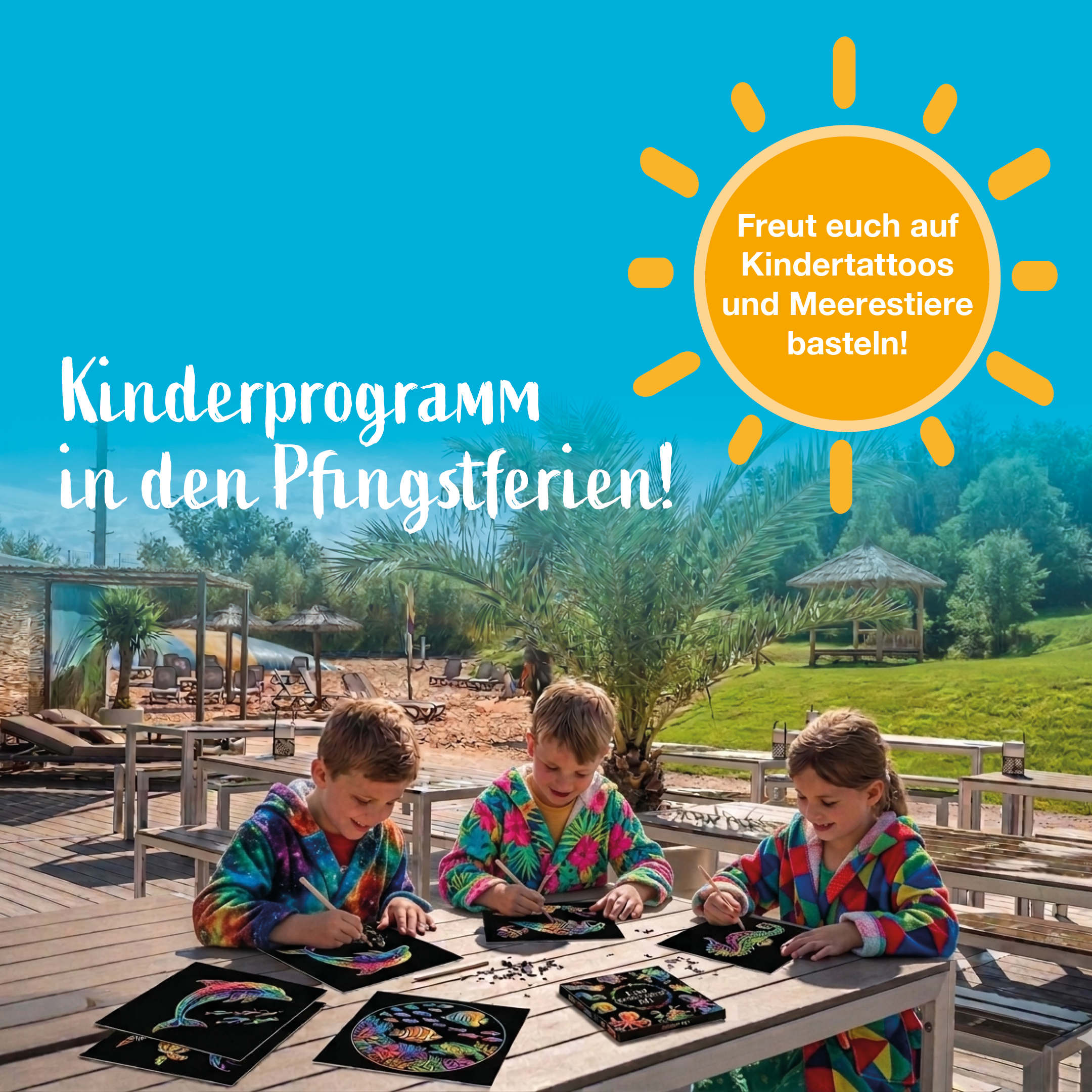 Kinderprogramm in den Pfingstferien im Palm Beach mit bastelnden Kindern auf der Sonnenterrasse und Ferienanimation für Familien.