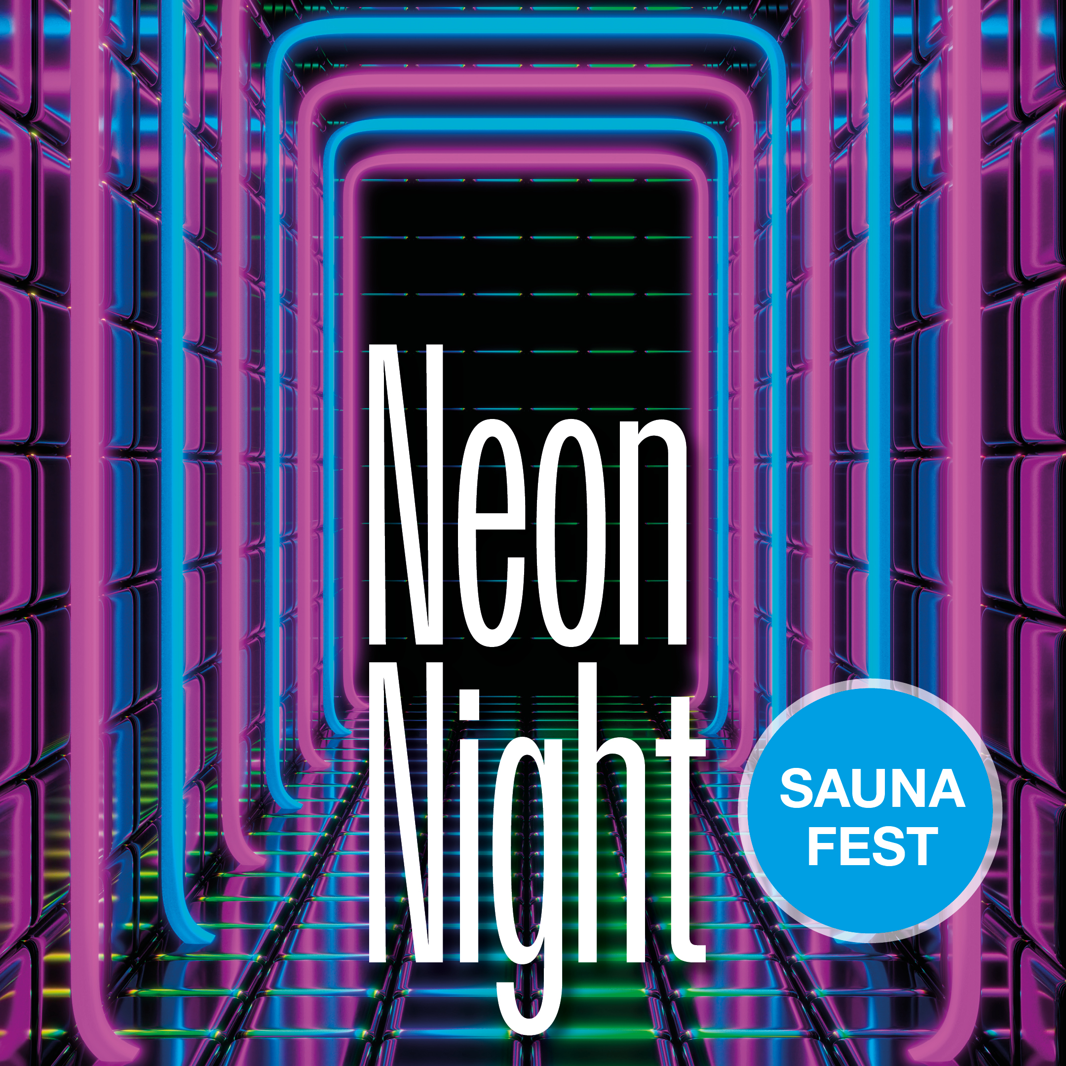 Plakat zur Neon Night im Palm Beach am 5. Dezember 2026 mit bunten Neonfarben und Hinweis auf das Saunafest.