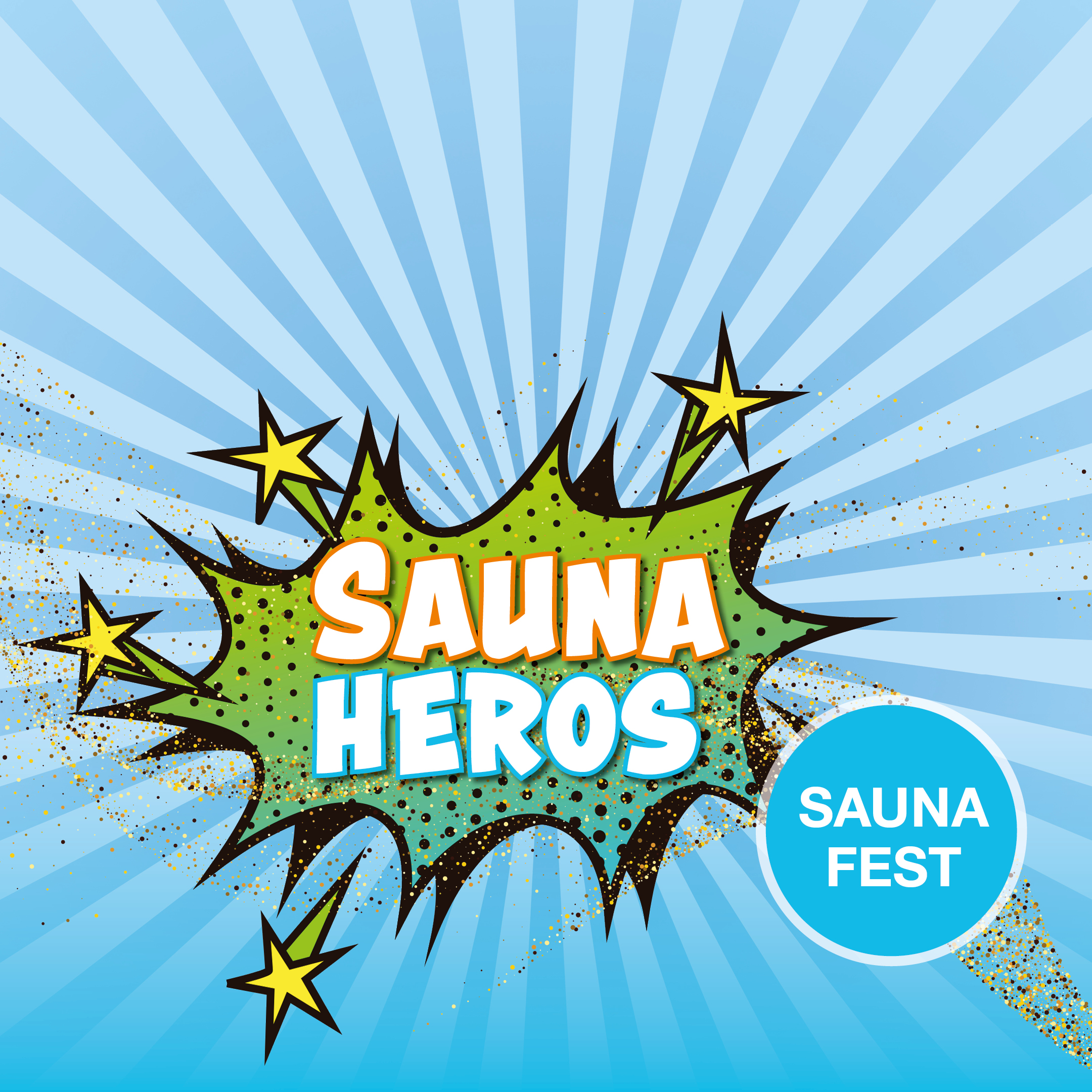 Plakat zum Sauna Heros Saunafest im Palm Beach am 3. Oktober 2026 im farbenfrohen Comic- und Superhelden-Stil.